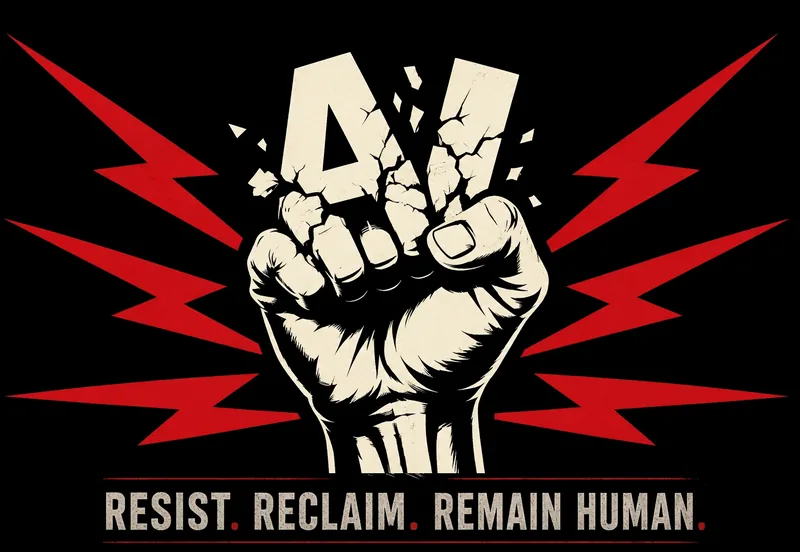 A raised fist breaks through the letters AI, surrounded by red lightning bolts, above the words Resist. Reclaim. Remain Human.