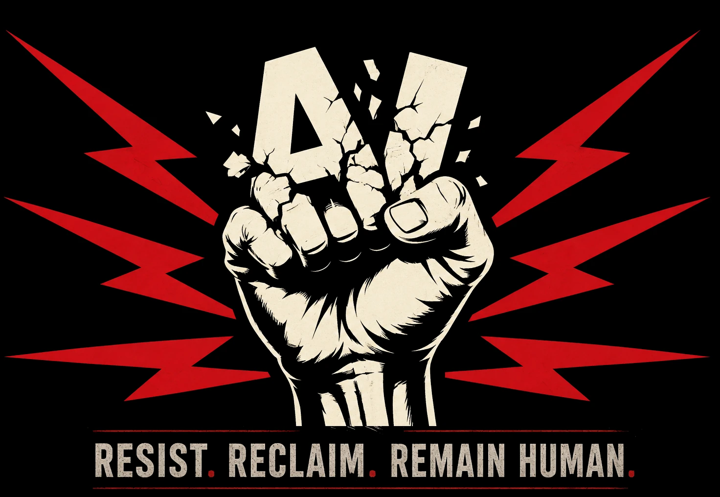 A raised fist breaks through the letters AI, surrounded by red lightning bolts, above the words Resist. Reclaim. Remain Human.